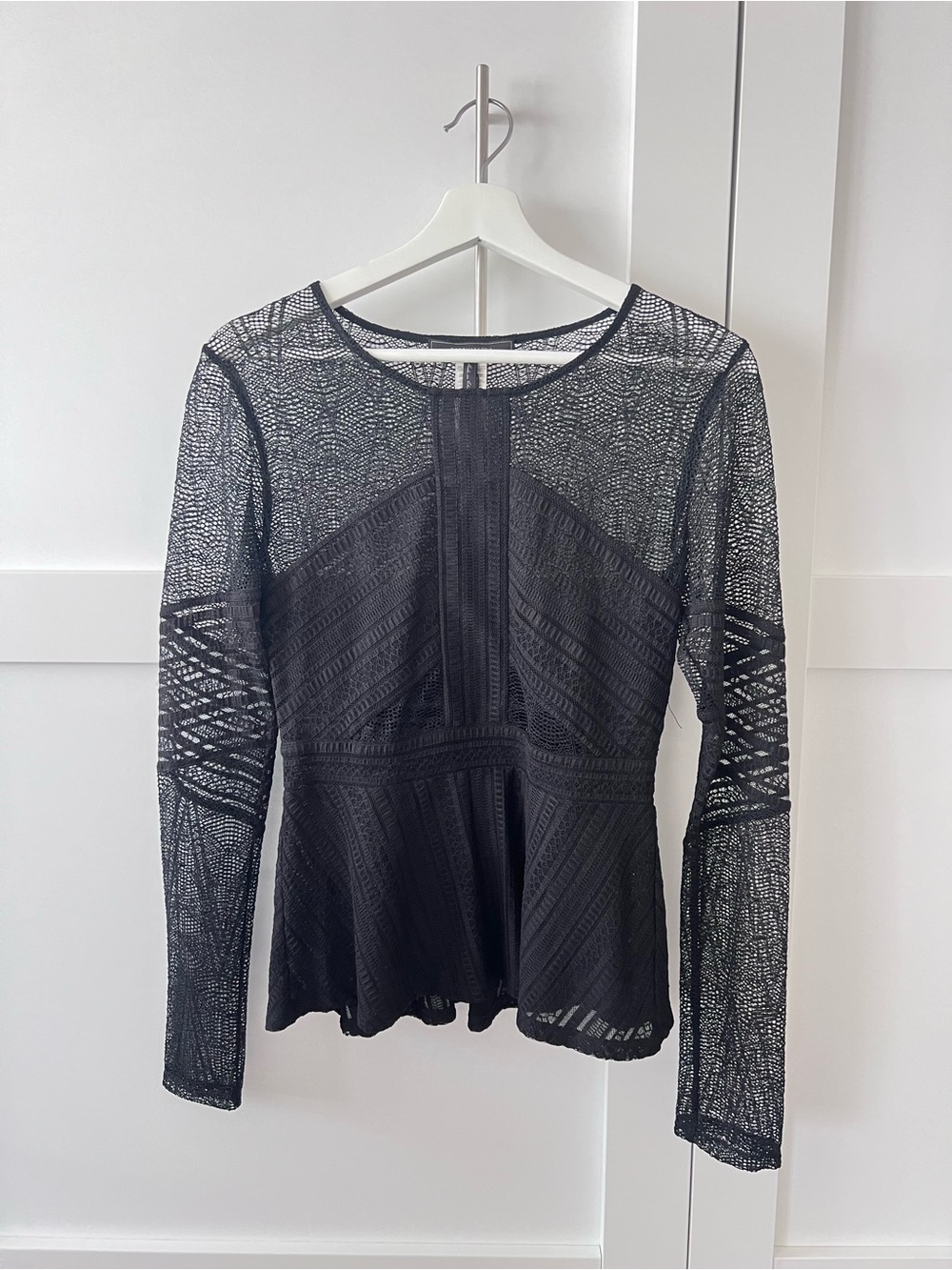 BCBGMaxAzria Black Lace Long-Sleeve Peplum Blouse